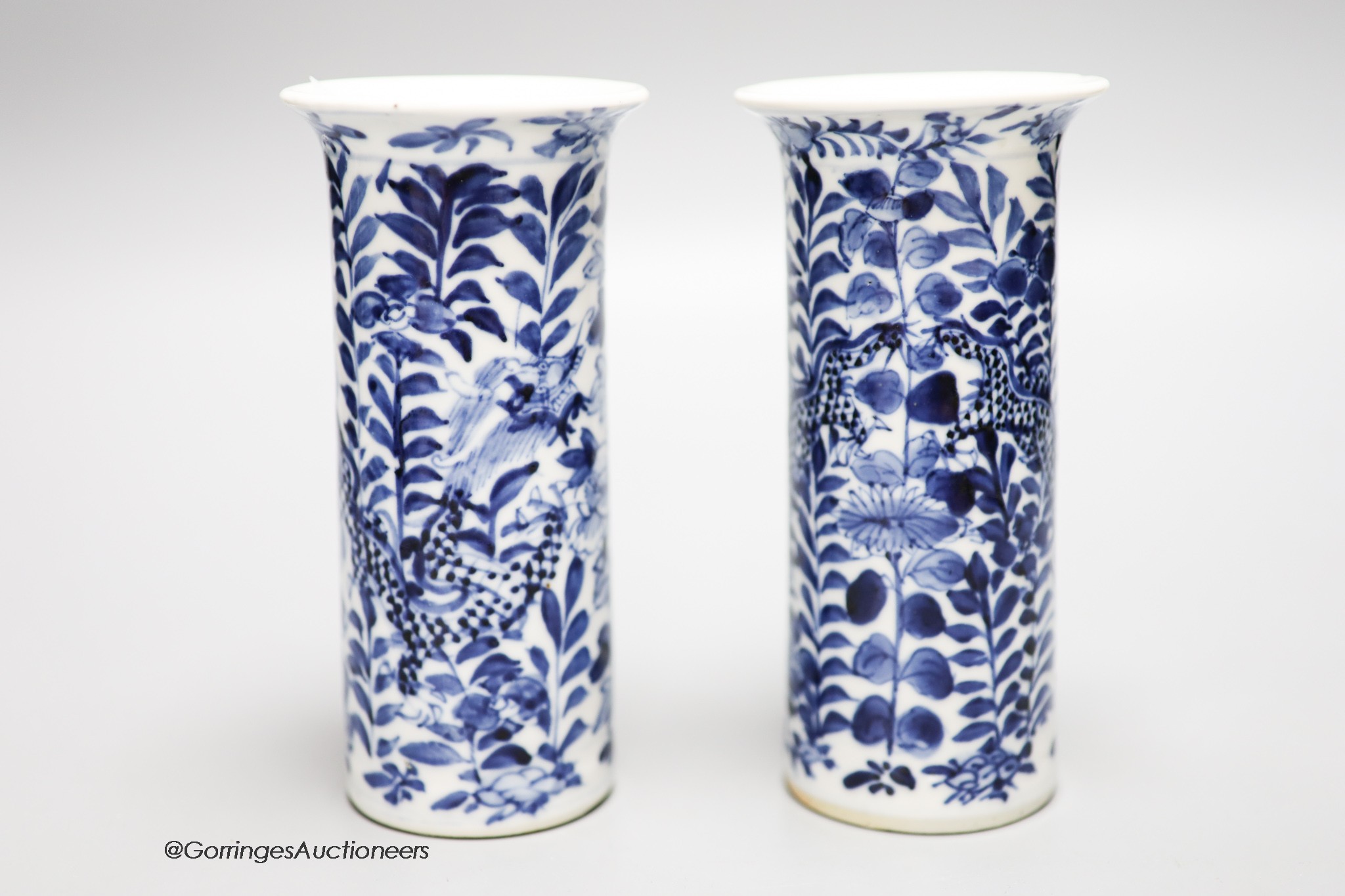 A pair of Chinese blue and white sleeve vases, circa 1900, height 15.5cm